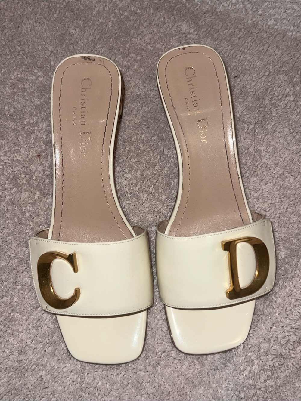 Dior Cream Leather Slide Mules with Gold CD Emblems - Picture 3 of 9